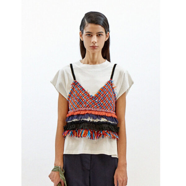 STAND ALONE Tweed Fringe Bustier - Red